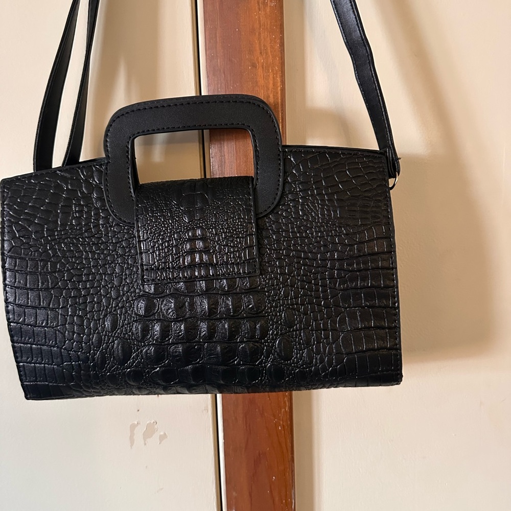 Black Croc-Embossed Shoulder Bag with Top Handle - Picture 2 of 8